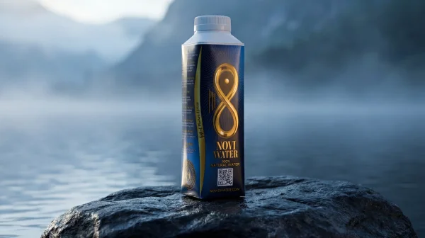 Een karton water met het label "Novi Water" staat op een rots bij een mistig meer met bergen op de achtergrond.