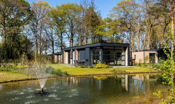 Moderne bungalow in bosrijke omgeving met vijver en fontein op de voorgrond, omgeven door groene bomen en gras.